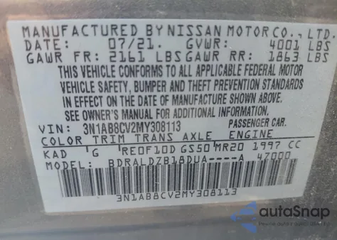 2021 Nissan Sentra Sv из США, поврежденный, VIN 3N1AB8CV2MY308113